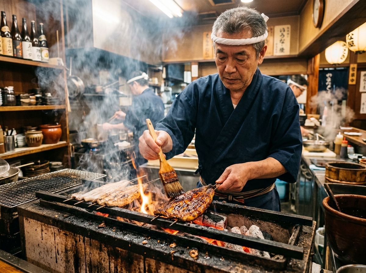 備長炭の強火でタレをつけ焼き上げる職人の熟練技