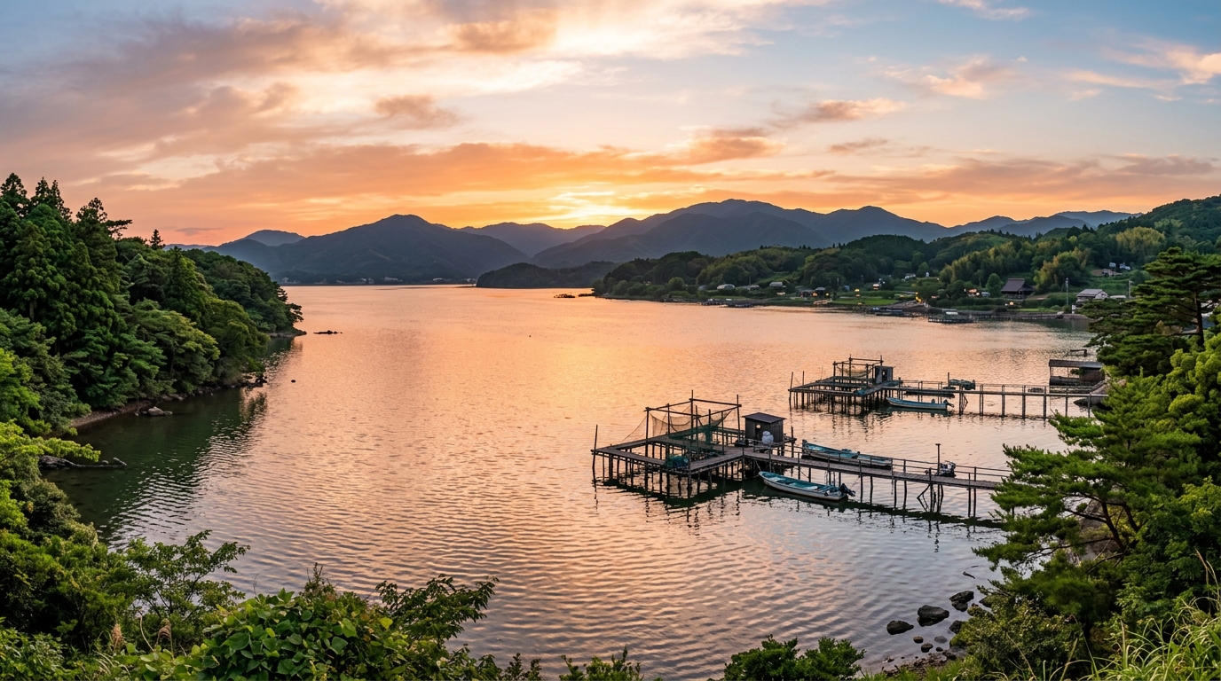 夕日に染まる浜名湖の風光明媚な景色と養鰻の歴史景観