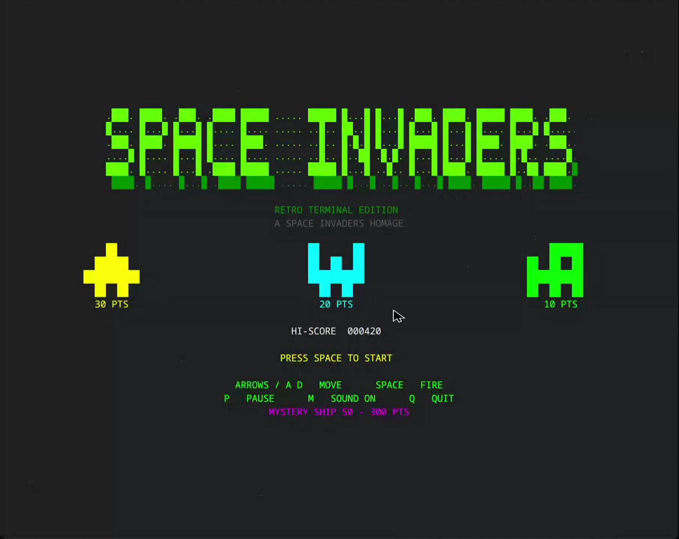 RETRO INVADERS のタイトル画面。大きな SPACE INVADERS のロゴ、3種類のインベーダーと得点、PRESS SPACE TO START の表示。